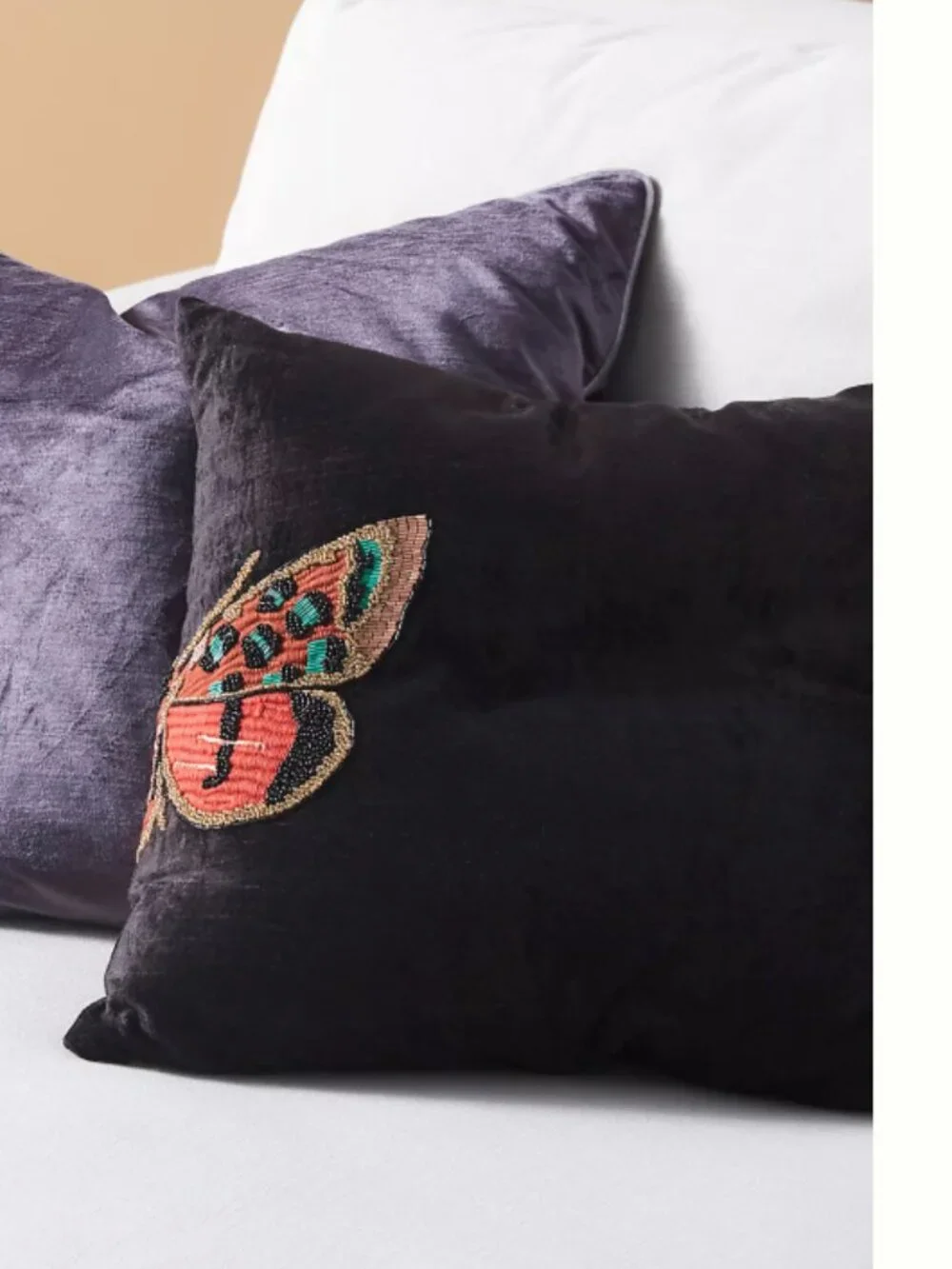2 Anthropologie Velvet Beaded Butterfly Isadora Pillow Cases Shams Square 18x18